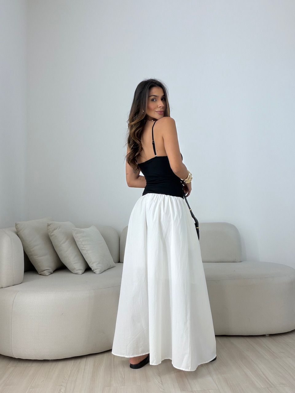 VESTIDO FLORENÇA ALCINHA PRETO/OFF