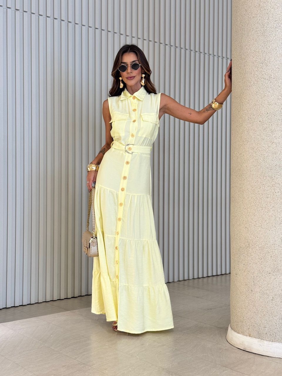 VESTIDO ESTER BOTÕES AMARELO - 0072220111 - CAROLLA FERRARO