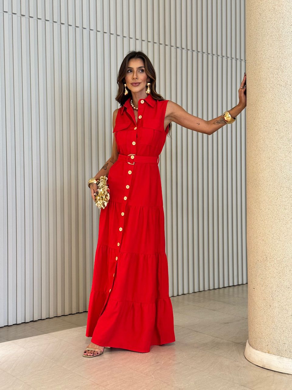 VESTIDO ESTER BOTÕES VERMELHO