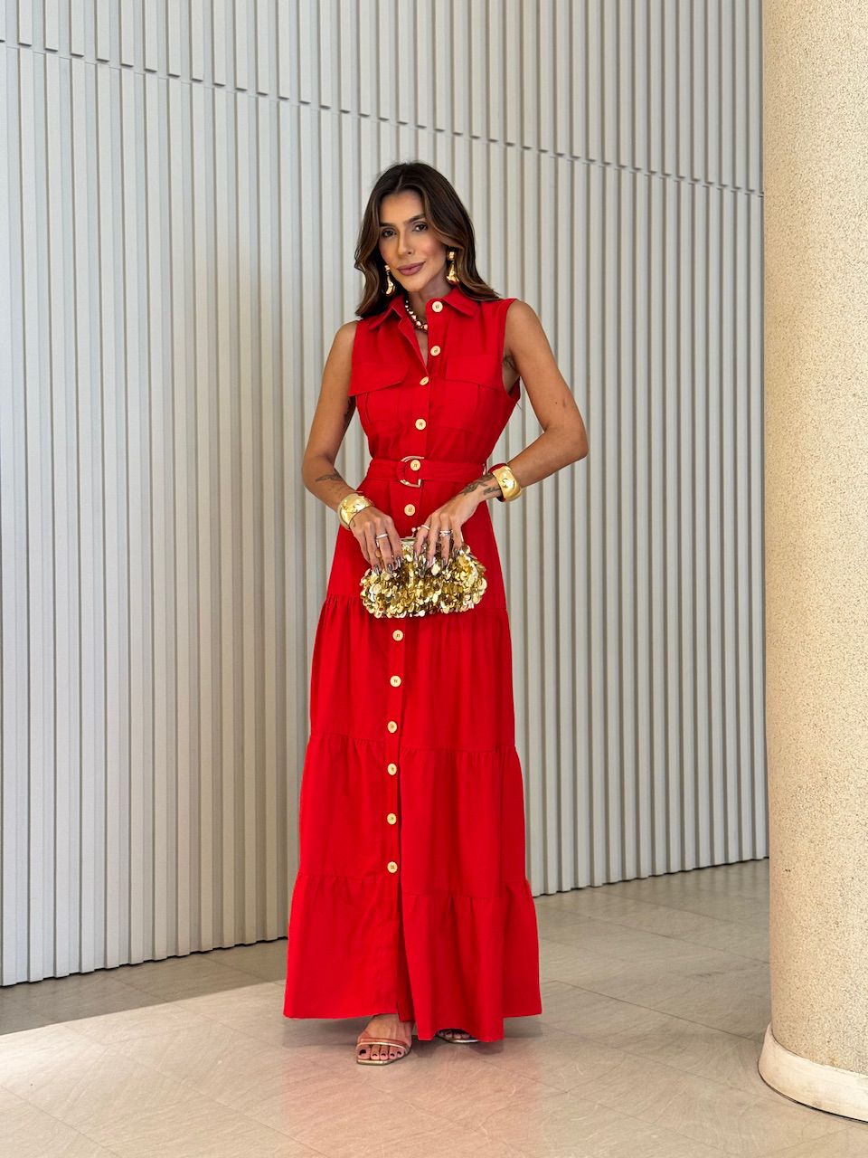 VESTIDO ESTER BOTÕES VERMELHO - 0072220277 - CAROLLA FERRARO