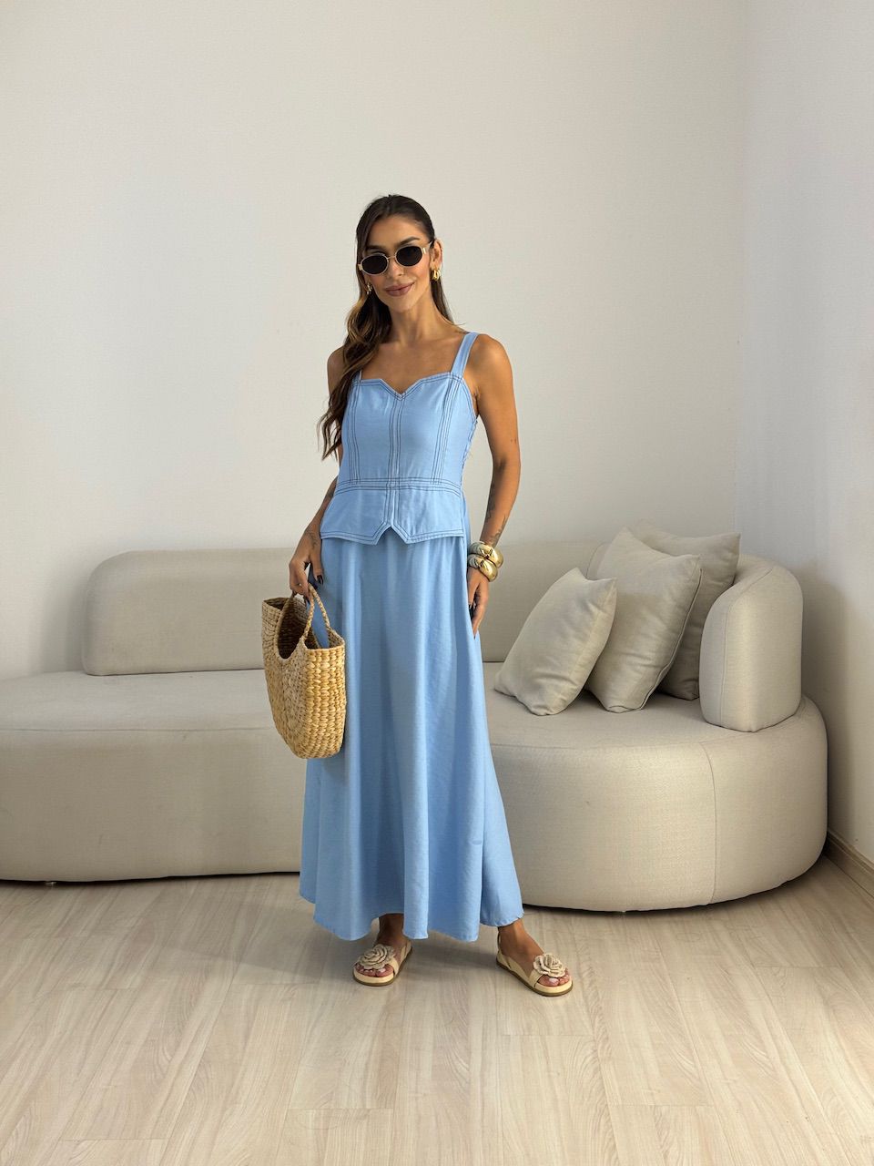 VESTIDO BELLA PESPONTO AZUL - 0074070109 - CAROLLA FERRARO