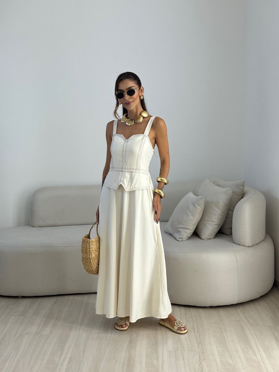 VESTIDO BELLA PESPONTO CRU - 0074070132 - CAROLLA FERRARO