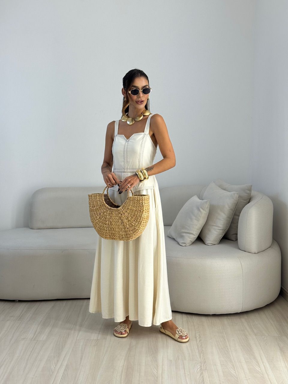 VESTIDO BELLA PESPONTO CRU