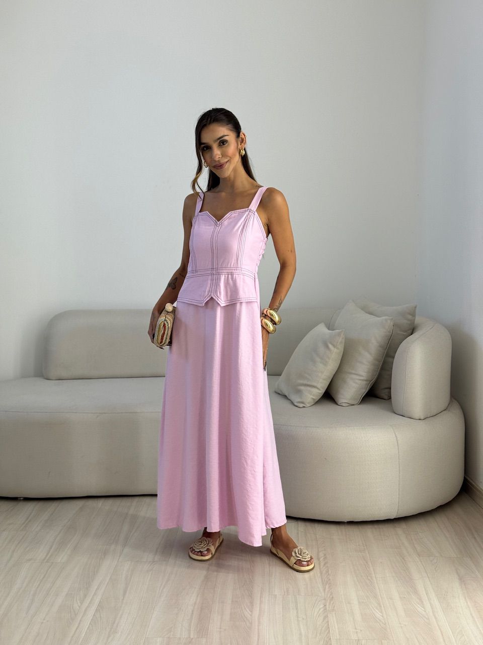 VESTIDO BELLA PESPONTO ROSA