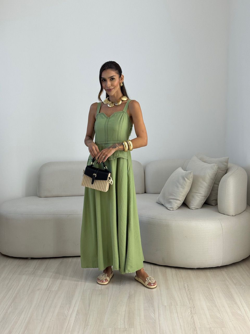 VESTIDO BELLA PESPONTO VERDE - 0074070230 - CAROLLA FERRARO