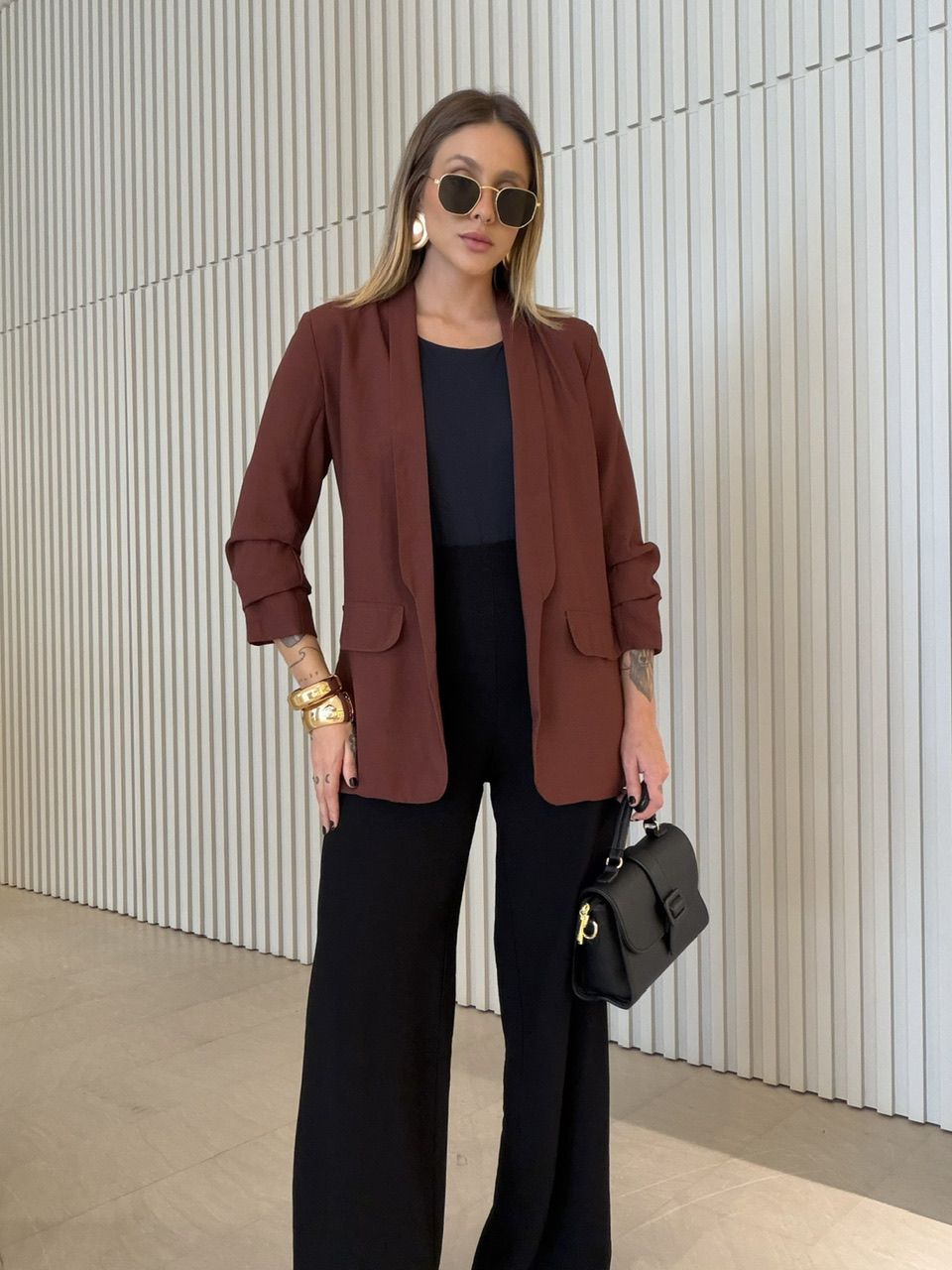 BLAZER EDUARDA MANGA DRAPEADA MARROM