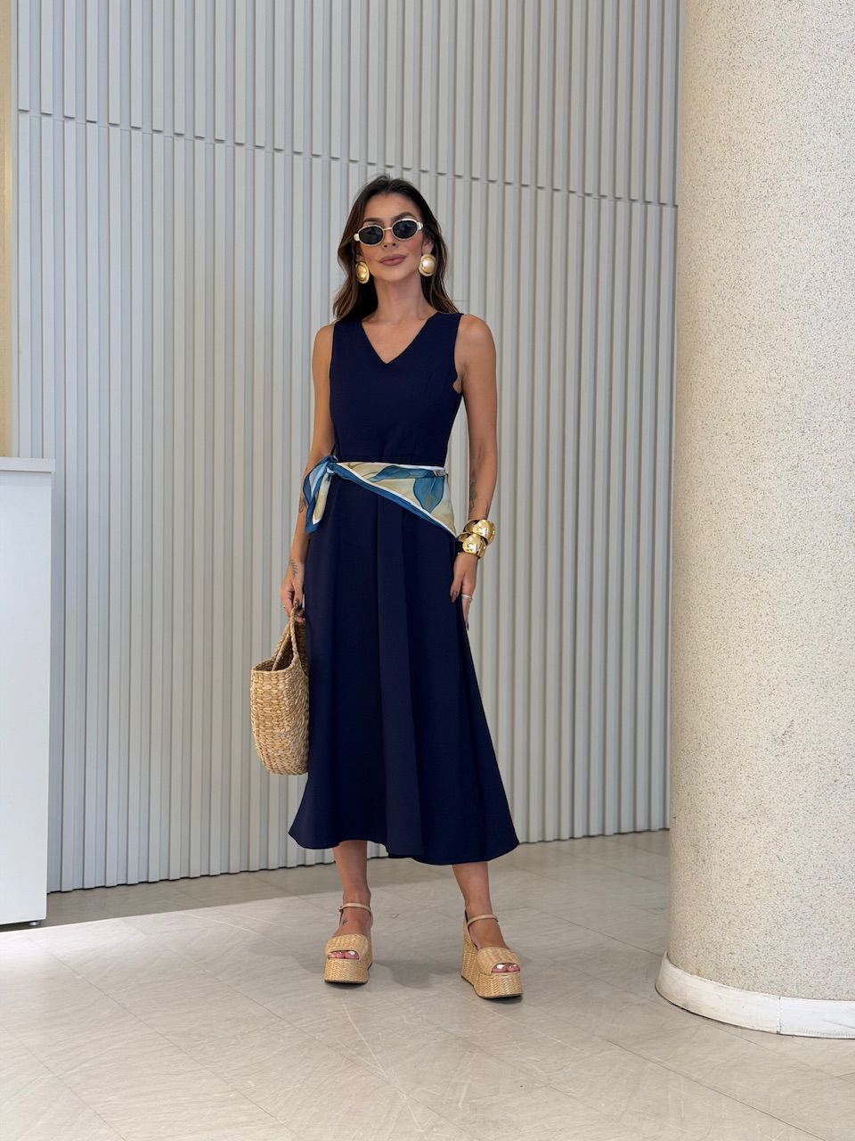 VESTIDO FABRÍCIA FAIXA MARINHO - 0075060055 - CAROLLA FERRARO