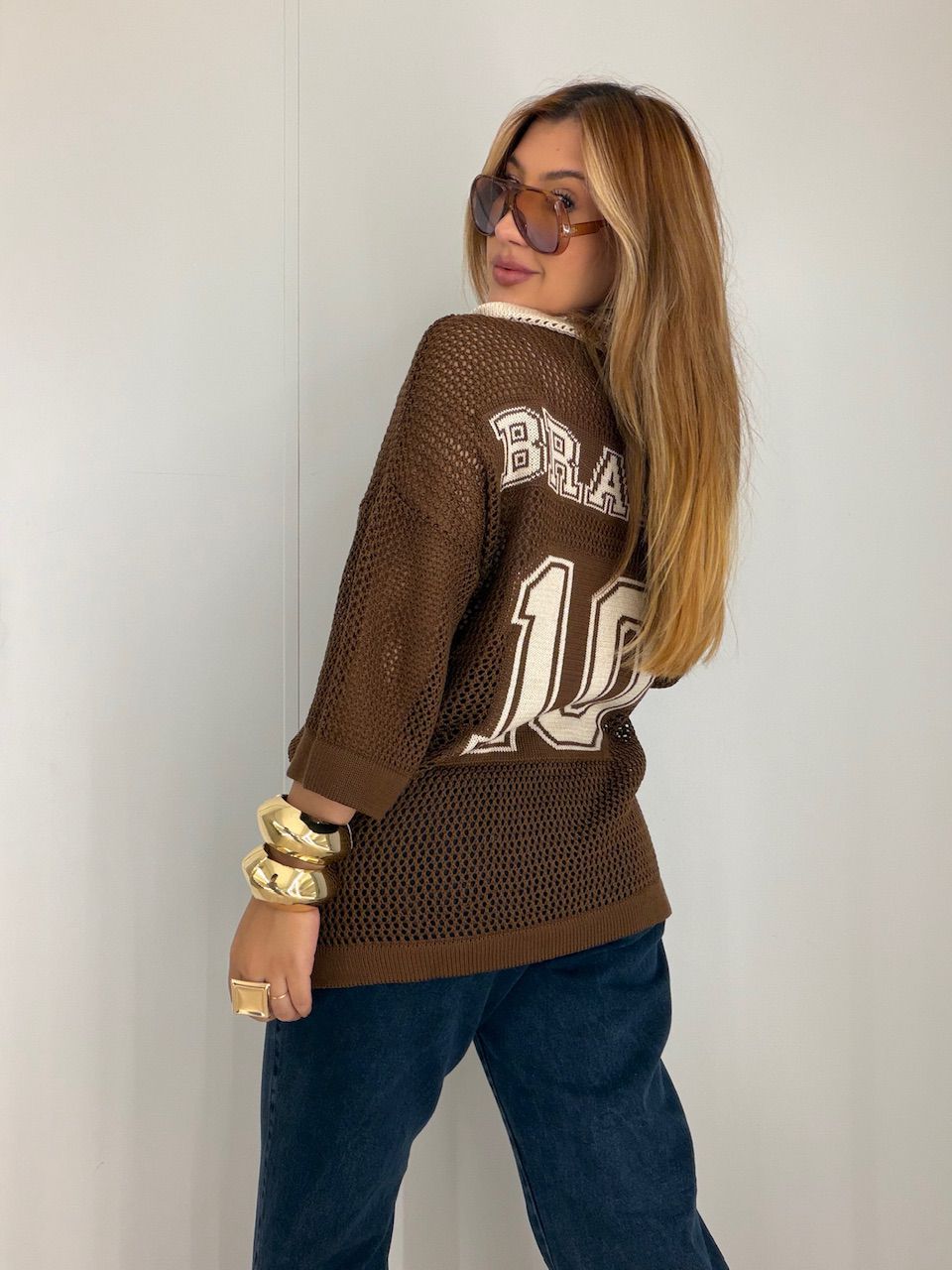 TRICOT BRASIL GOLA MARROM - 0078050054 - CAROLLA FERRARO