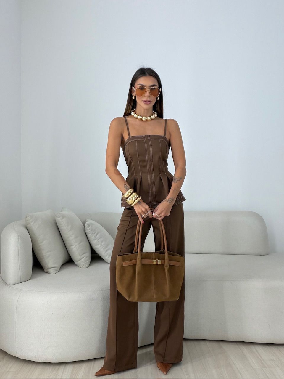 CONJUNTO VALÉRIA BLUSA CALÇA MARROM