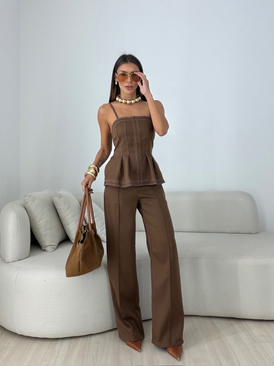 CONJUNTO VALÉRIA BLUSA CALÇA MARROM