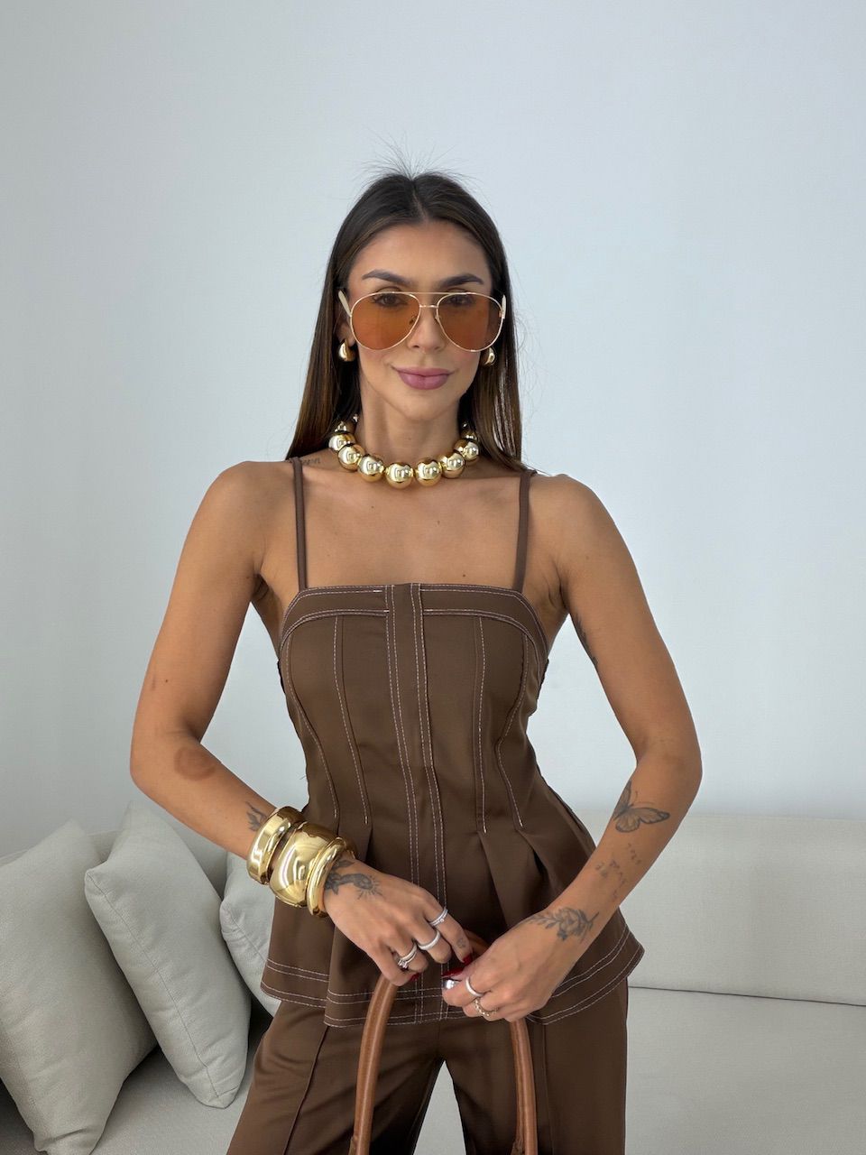 CONJUNTO VALÉRIA BLUSA CALÇA MARROM