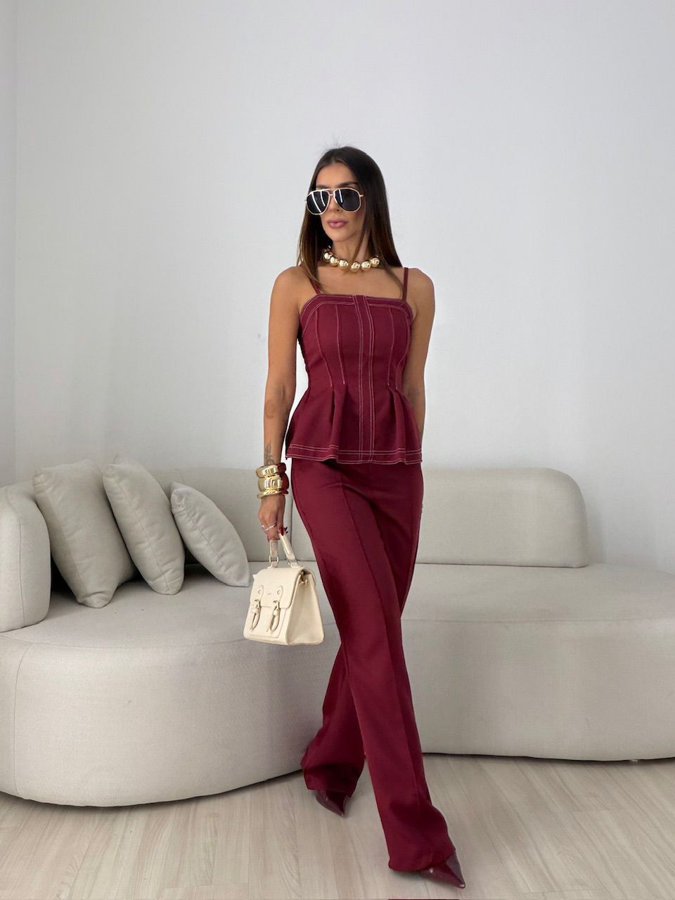 CONJUNTO VALÉRIA BLUSA CALÇA VINHO