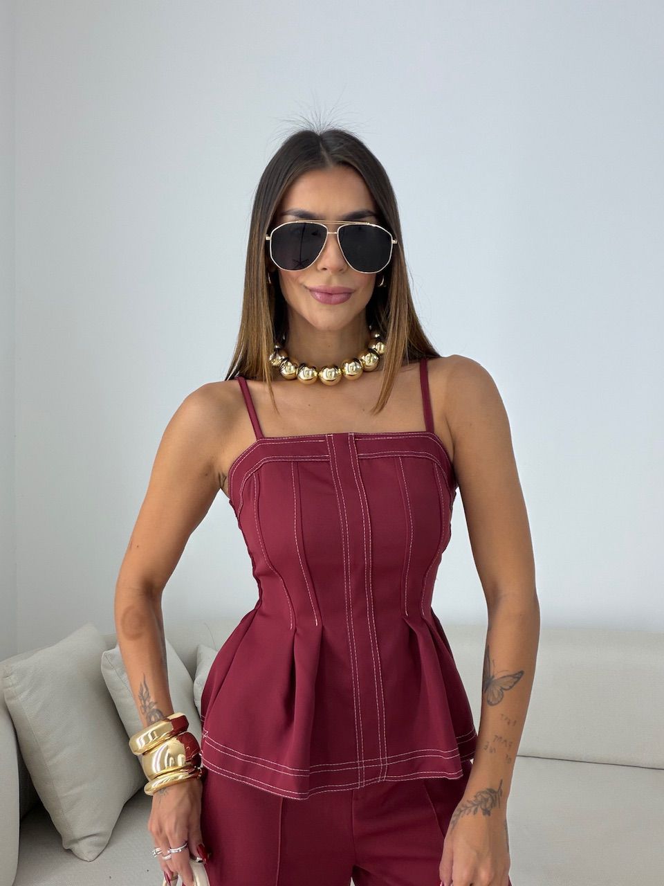 CONJUNTO VALÉRIA BLUSA CALÇA VINHO