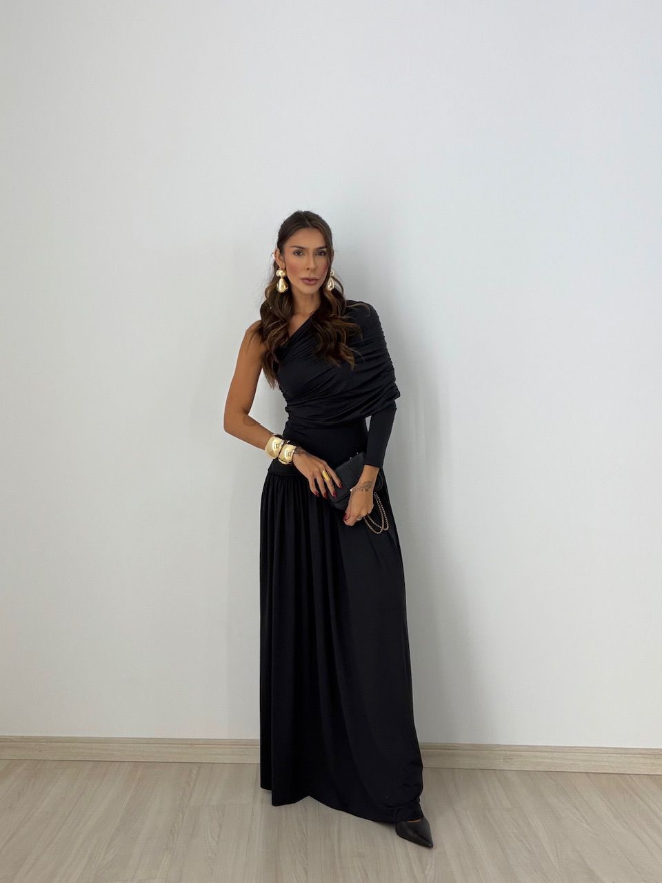 VESTIDO MARIA LAURA NULA MANGA PRETO