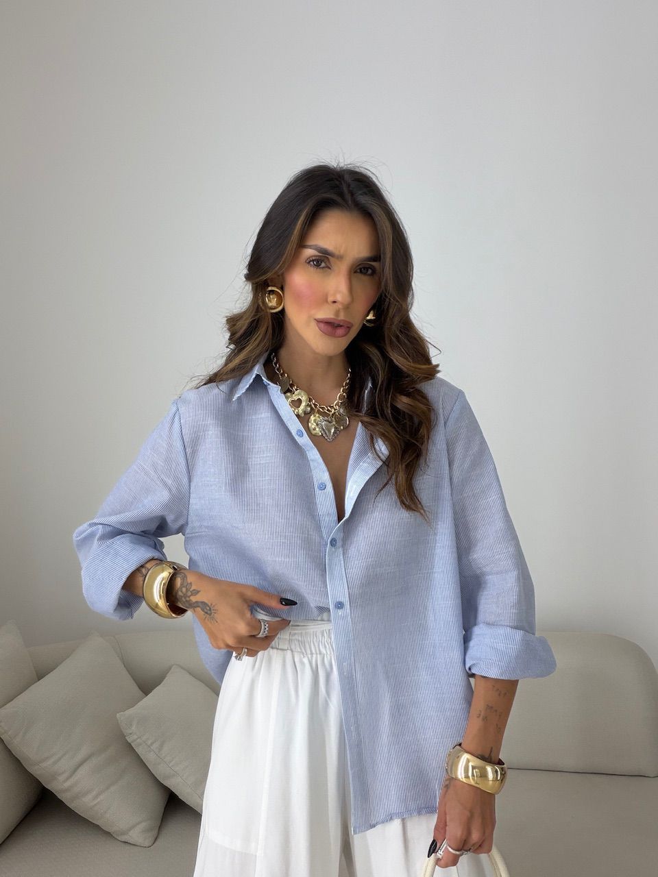 CAMISA ANA LUIZA LISTRAS MARINHO - 0079900055 - CAROLLA FERRARO