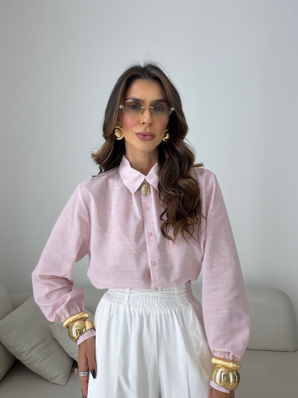 CAMISA ANA LUIZA LISTRAS ROSA - 0079900031 - CAROLLA FERRARO