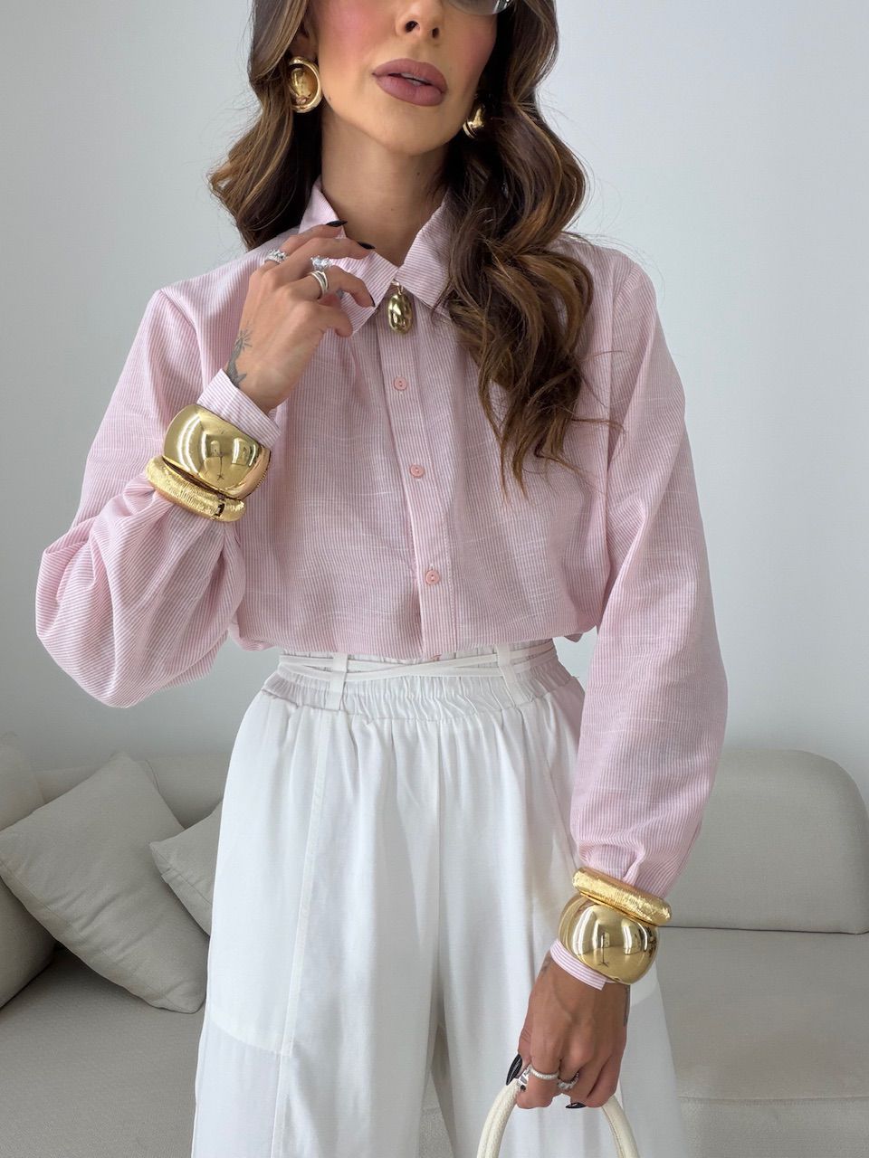 CAMISA ANA LUIZA LISTRAS ROSA