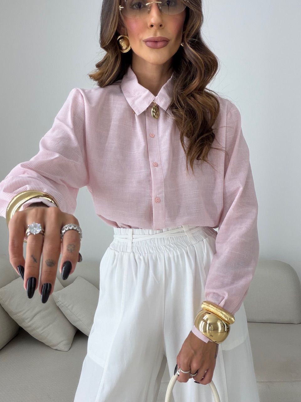 CAMISA ANA LUIZA LISTRAS ROSA