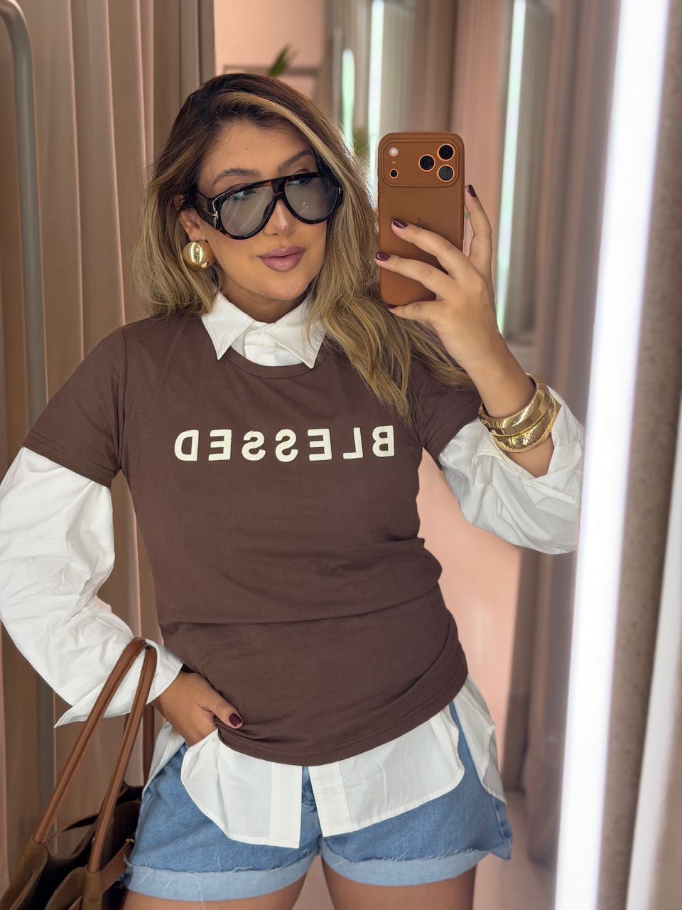 T-SHIRT LILIANE BABY LOOK MARROM - 0075090054 - CAROLLA FERRARO