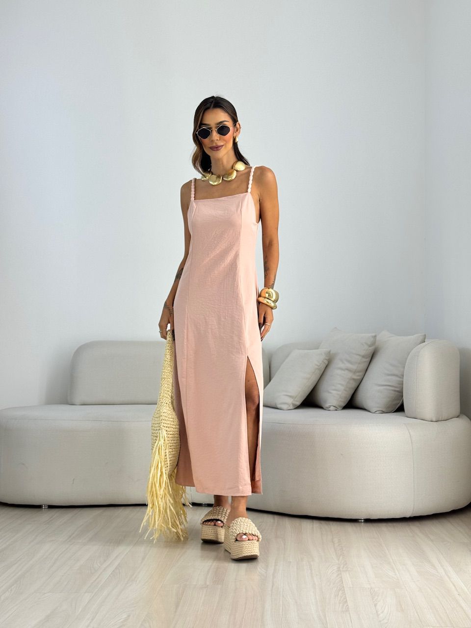 VESTIDO MAISA FENDA ROSÊ - 0070410025 - CAROLLA FERRARO