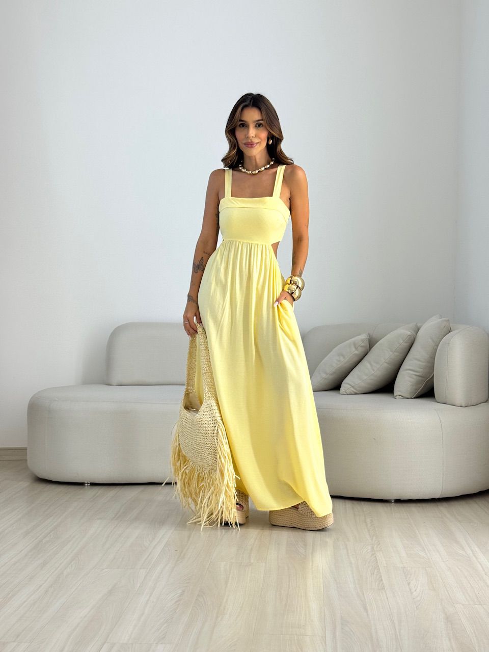 VESTIDO MELANIE ALÇA GROSSA AMARELO - 0070380111 - CAROLLA FERRARO
