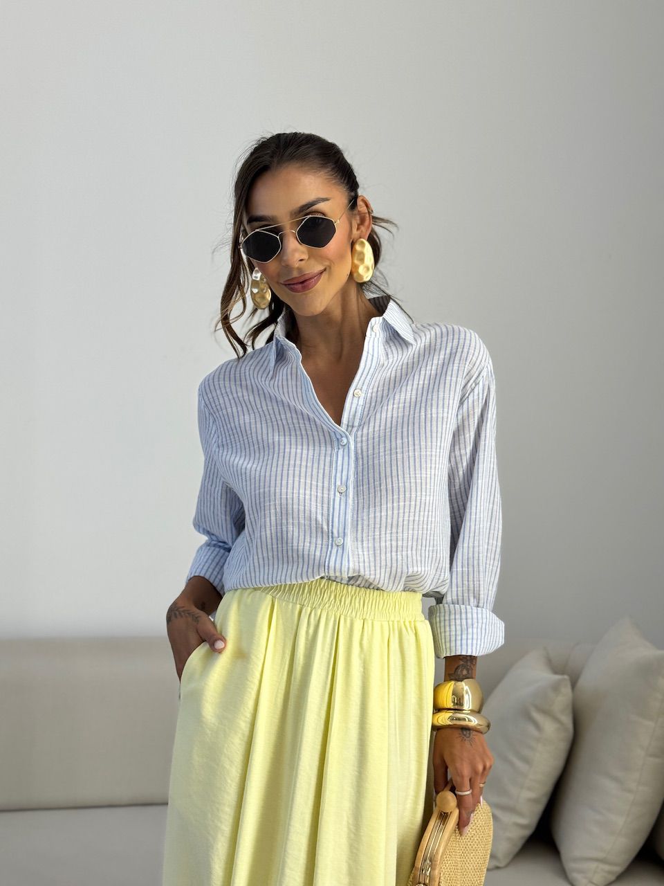 CAMISA ELAINE LISTRADA AZUL - 0072720109 - CAROLLA FERRARO