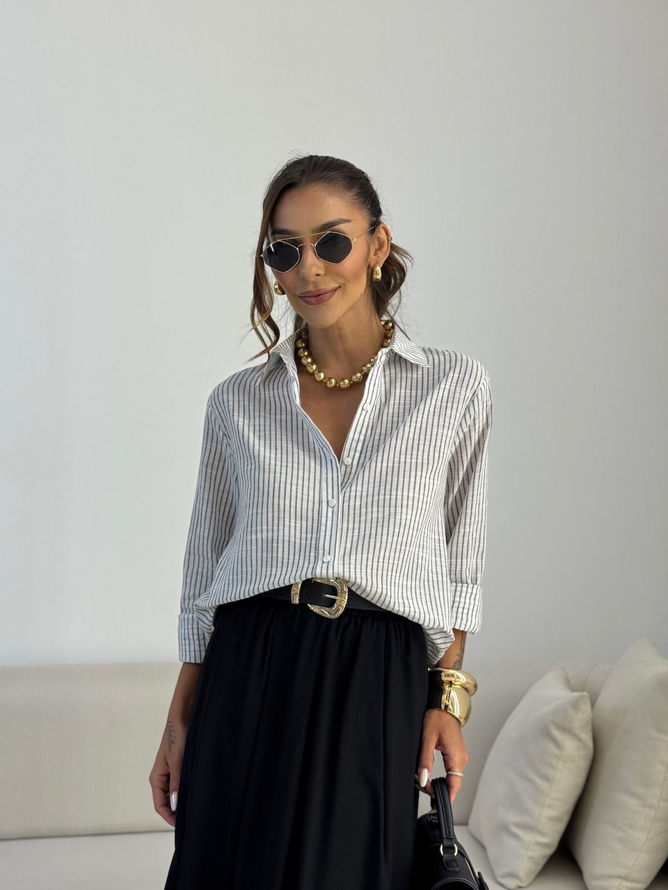 CAMISA ELAINE LISTRADA CINZA - 0072720091 - CAROLLA FERRARO