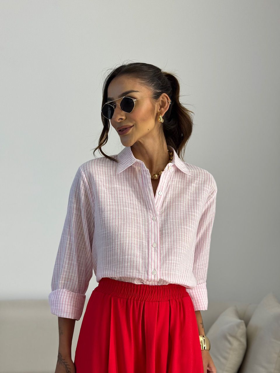 CAMISA ELAINE LISTRADA ROSA - 0072720031 - CAROLLA FERRARO