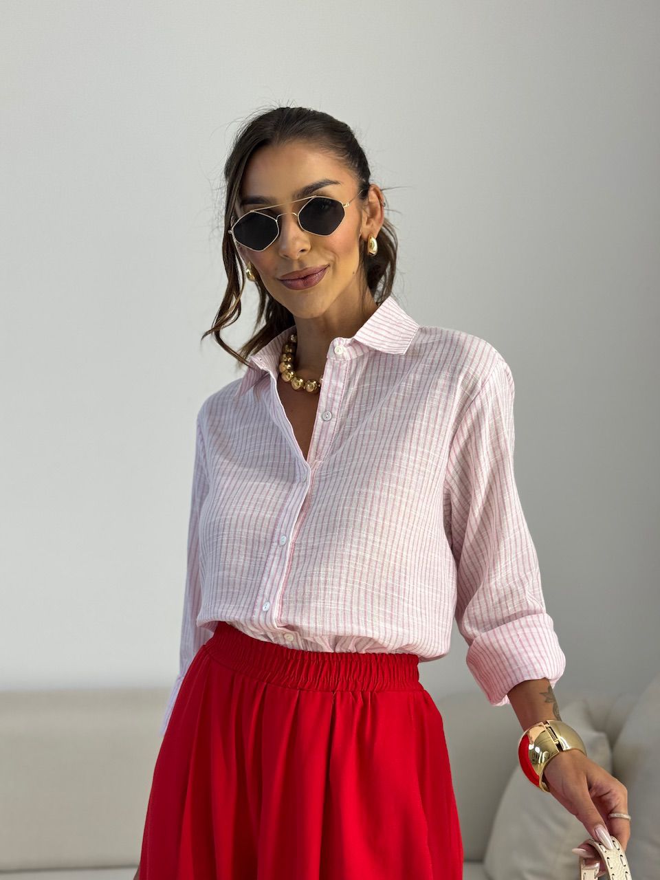 CAMISA ELAINE LISTRADA ROSA