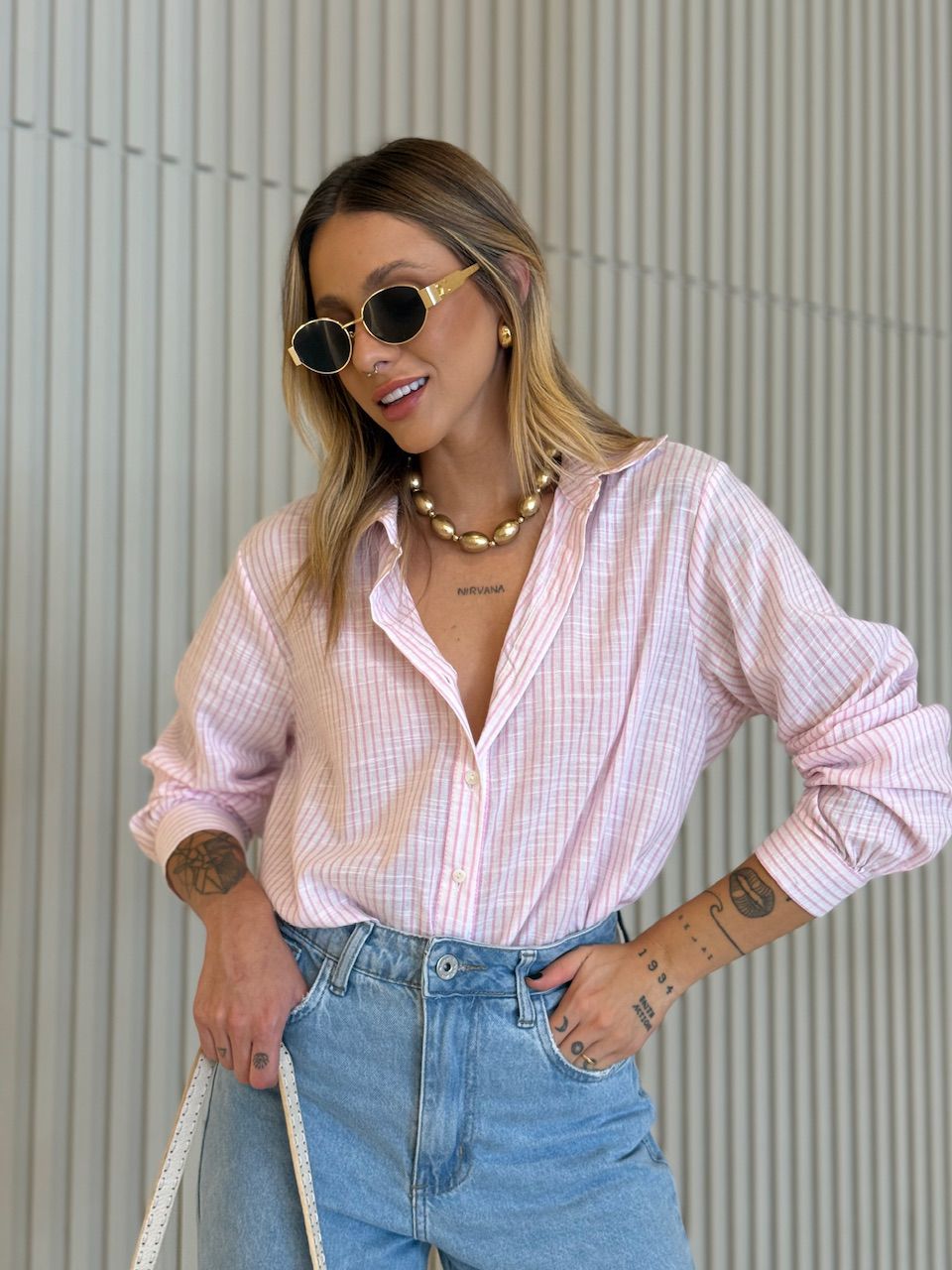 CAMISA ELAINE LISTRADA ROSA