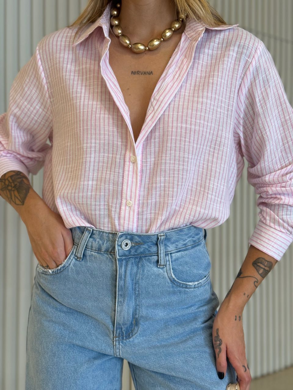 CAMISA ELAINE LISTRADA ROSA