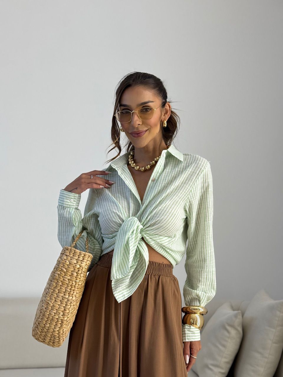 CAMISA ELAINE LISTRADA VERDE - 0072720014 - CAROLLA FERRARO