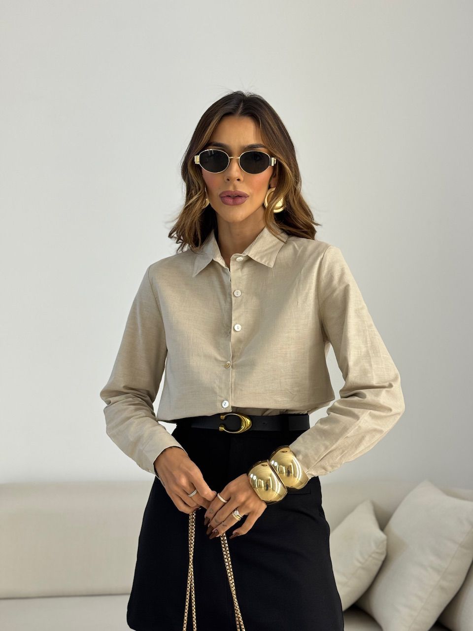 CAMISA LUCIA LISA AREIA - 0070400110 - CAROLLA FERRARO