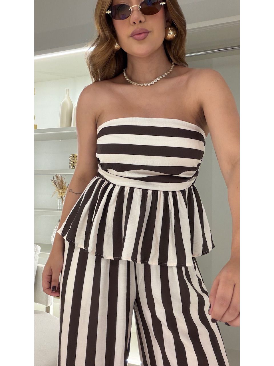 CONJUNTO CORALINE LISTRADO CREME/CAFÉ
