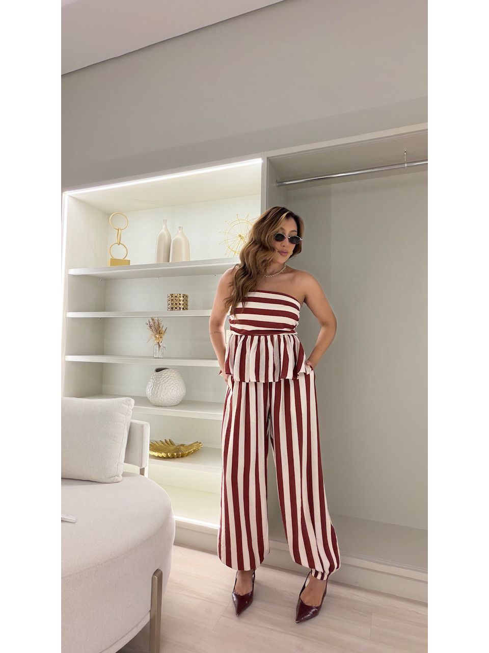 CONJUNTO CORALINE LISTRADO CREME/VINHO - 008214048 - CAROLLA FERRARO