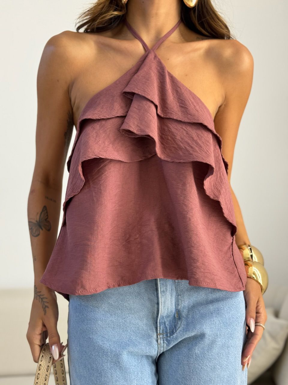 BLUSA ARIANE FRENTE ÚNICA BABADOS ROSA QUEIMADO