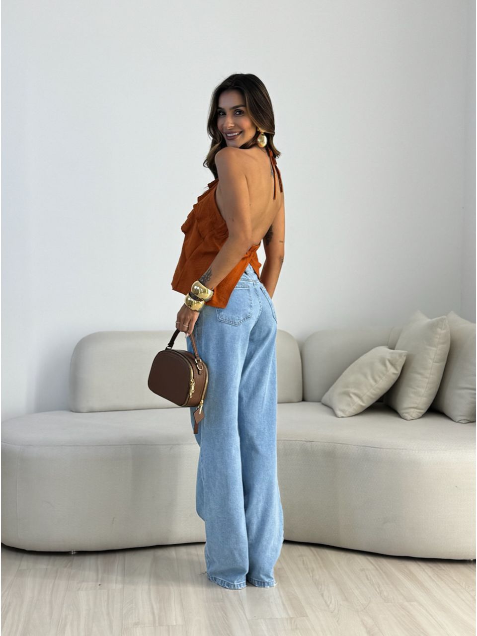 BLUSA ARIANE FRENTE ÚNICA BABADOS TELHA