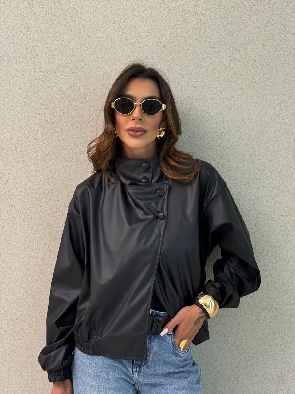 JAQUETA MARIANE COURO FAKE PRETA - 0076450033 - CAROLLA FERRARO