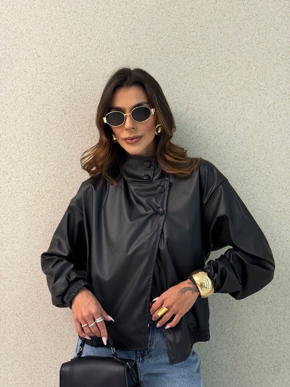 JAQUETA MARIANE COURO FAKE PRETA