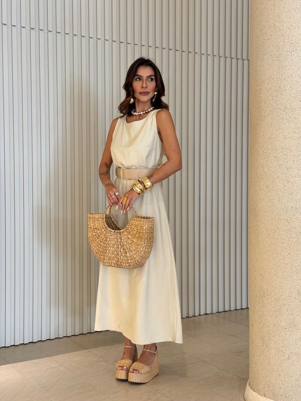 VESTIDO GLENDA CAVADO AREIA - 0076410110 - CAROLLA FERRARO