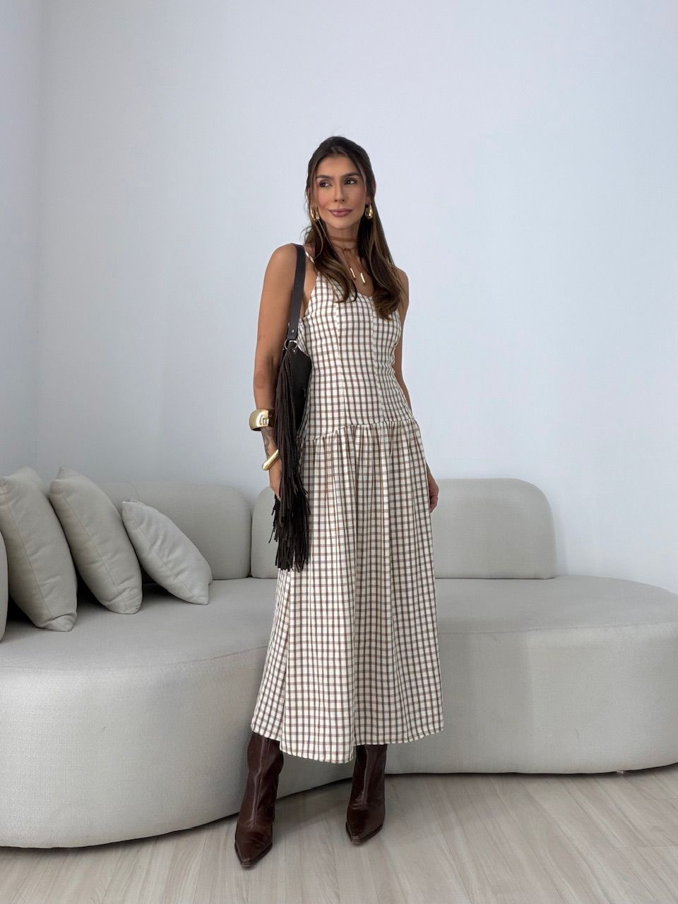 VESTIDO GIANA XADREZ MARROM - 0078290054 - CAROLLA FERRARO
