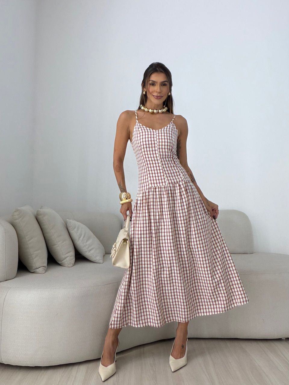 VESTIDO GIANA XADREZ VINHO - 0078290168 - CAROLLA FERRARO