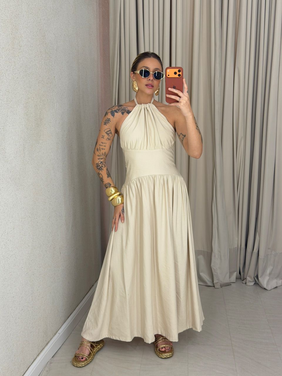 VESTIDO TALITA FLUIDO AREIA - 0075120110 - CAROLLA FERRARO