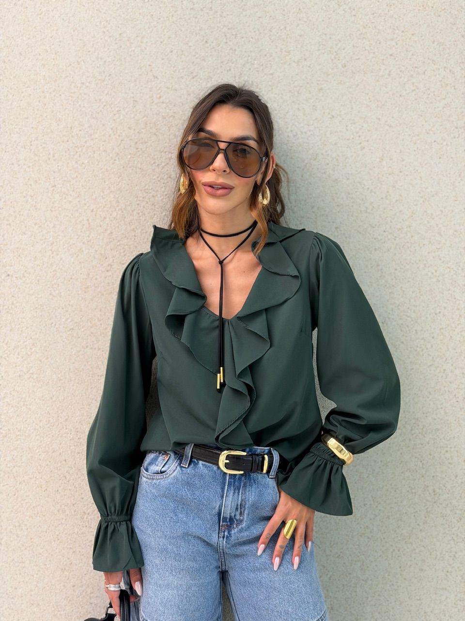 BLUSA ANA CLARA BABADO VERDE - 0076460014 - CAROLLA FERRARO