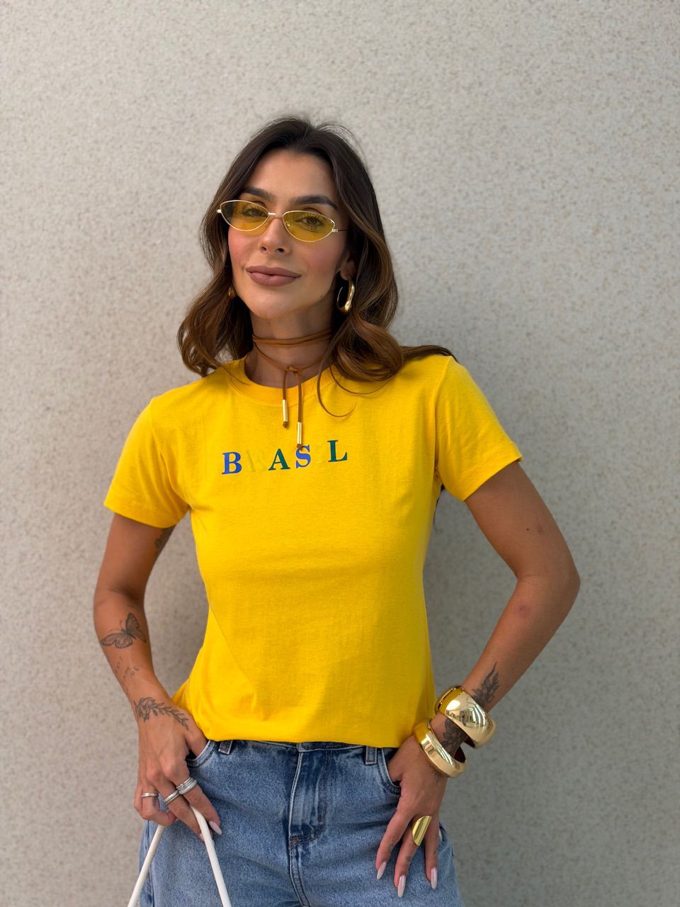 T-SHIRT BRASIL BABY LOOK AMARELA - 0076430112 - CAROLLA FERRARO