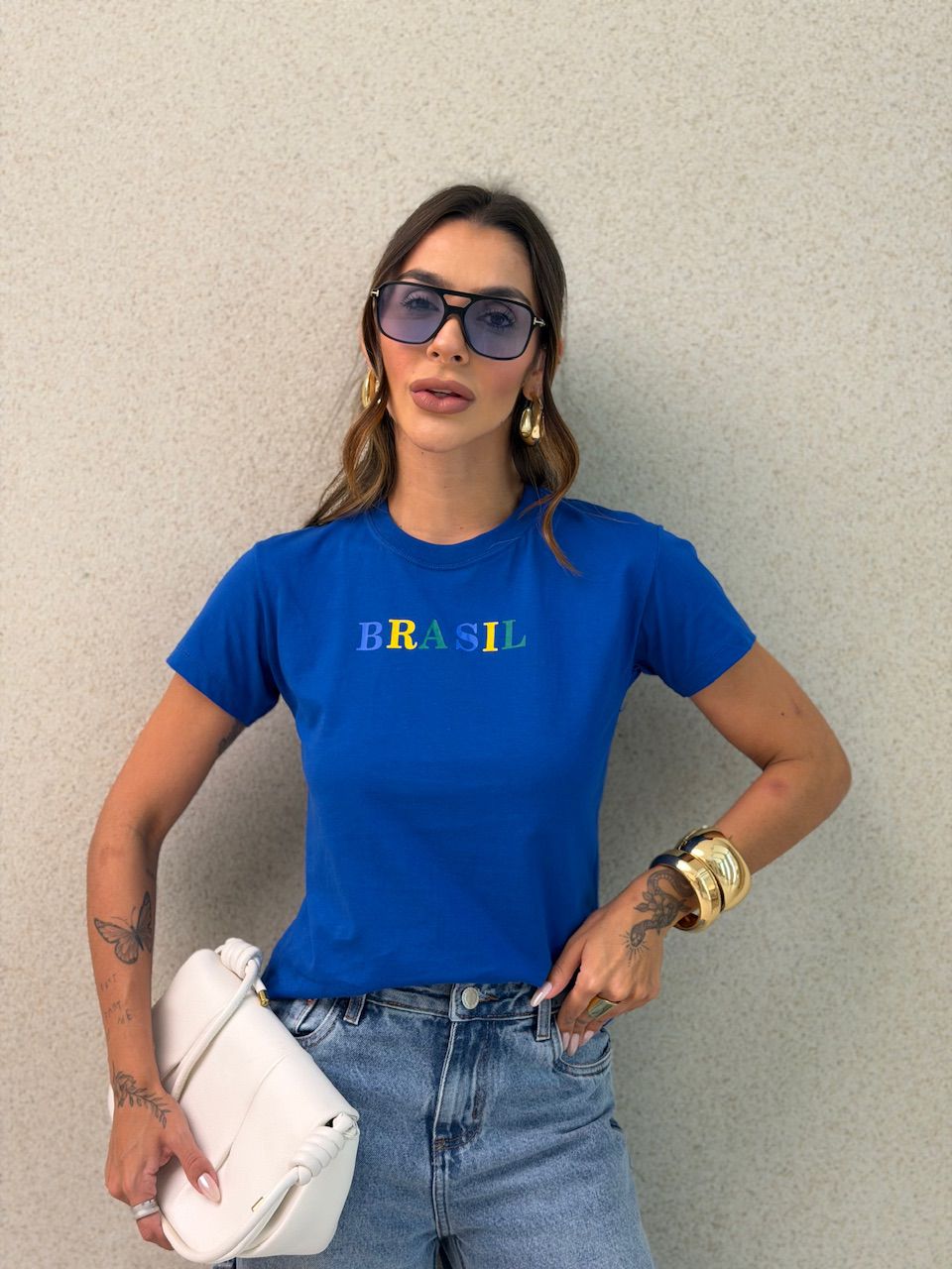 T-SHIRT BRASIL BABY LOOK AZUL - 0076430109 - CAROLLA FERRARO