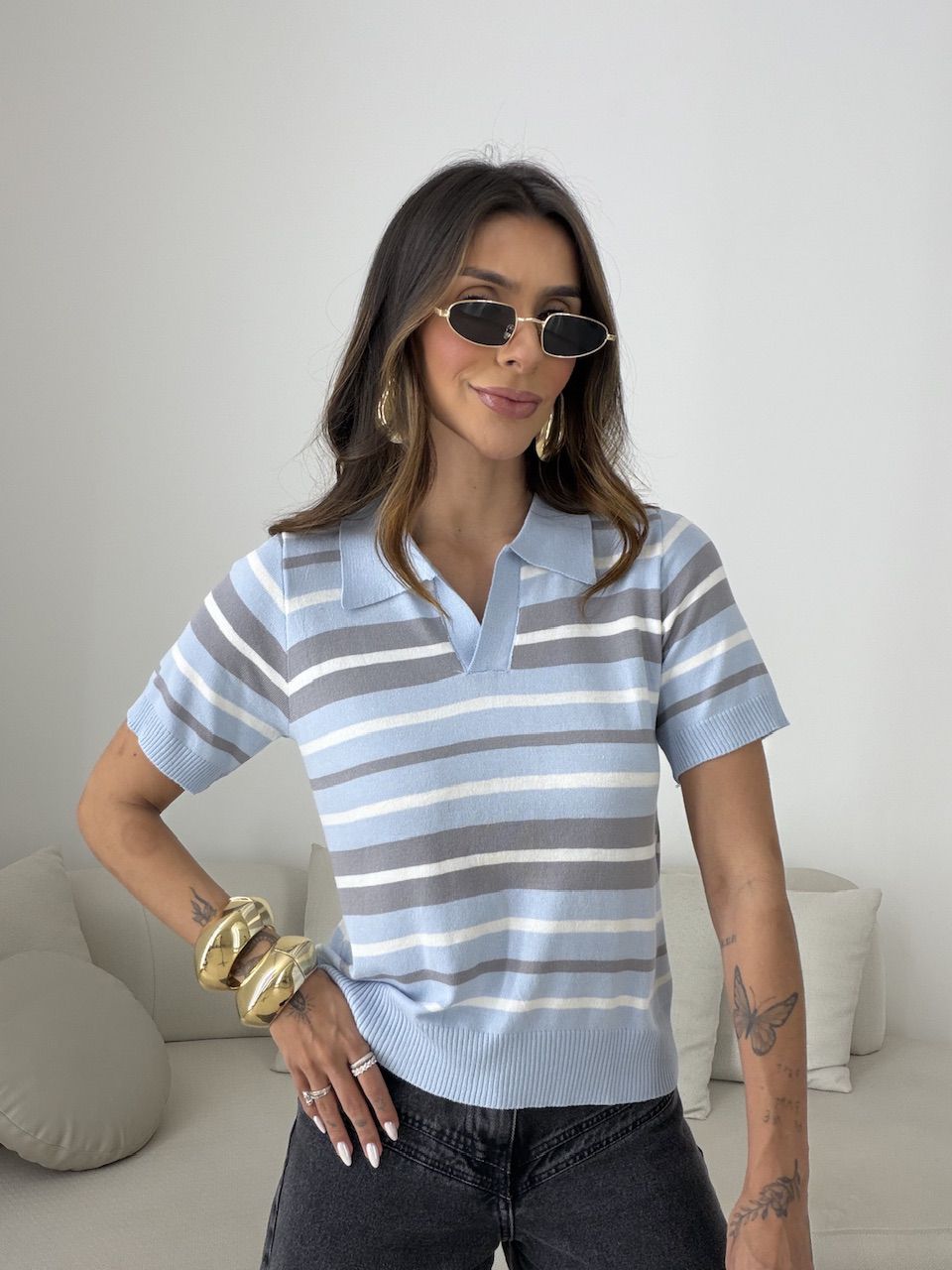 BLUSA TERESA LISTRAS AZUL - 0081050109 - CAROLLA FERRARO
