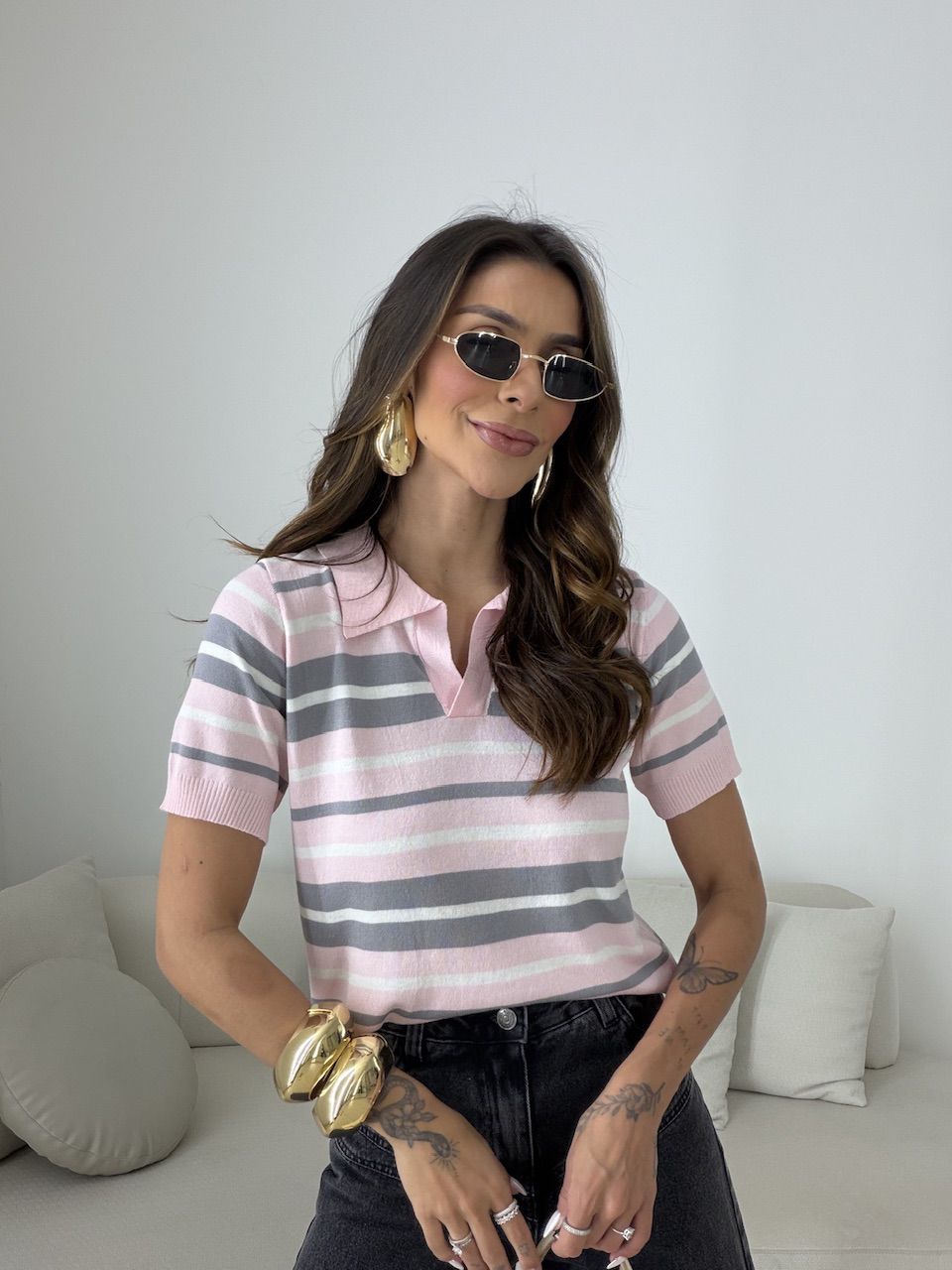 BLUSA TERESA LISTRAS ROSA - 0081050031 - CAROLLA FERRARO