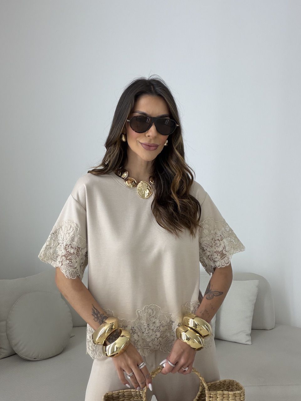 CONJUNTO SABRINA BLUSA RENDA AREIA