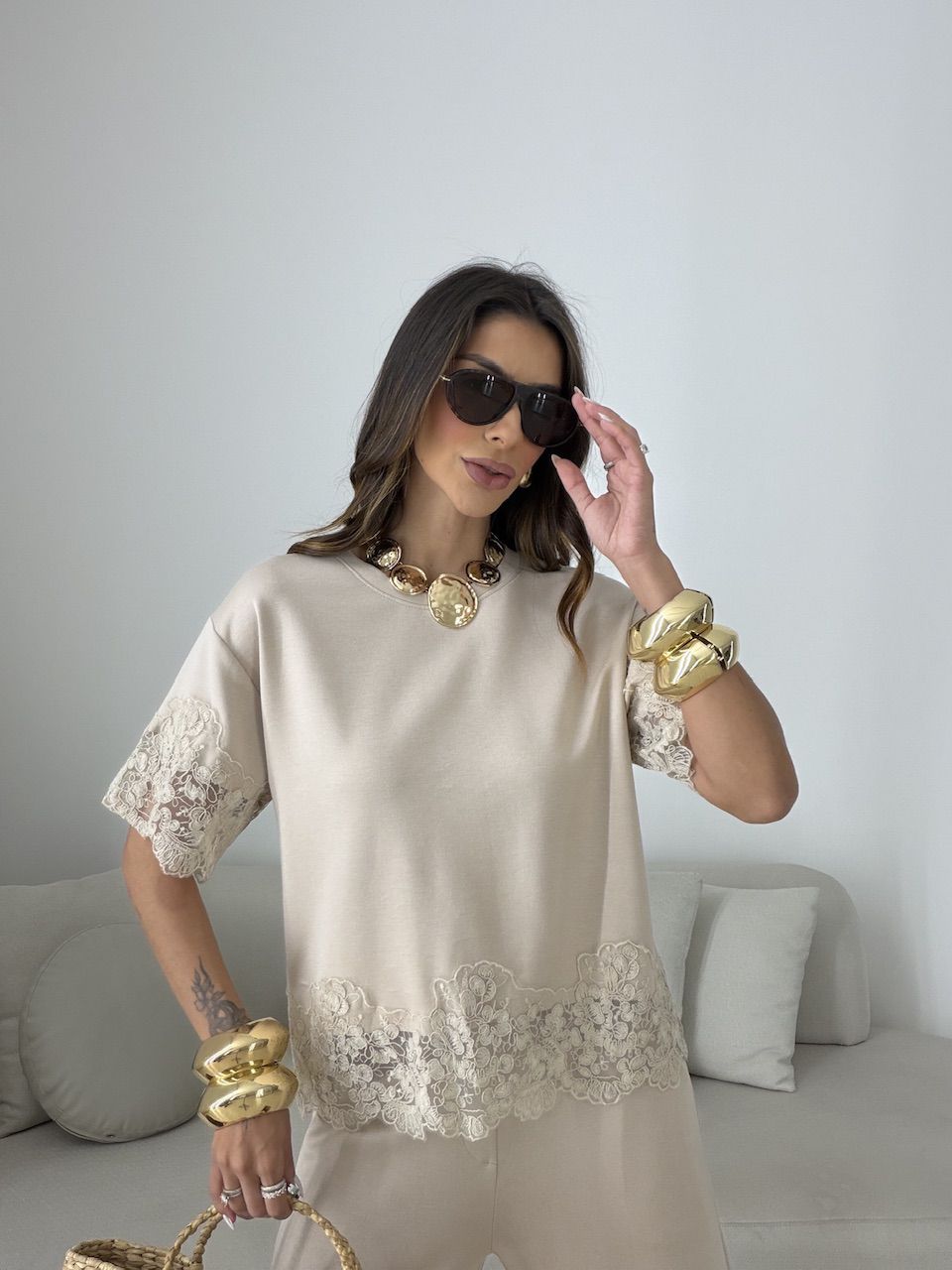 CONJUNTO SABRINA BLUSA RENDA AREIA